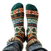 Man wearing warm knitted wool socks showing feet photo