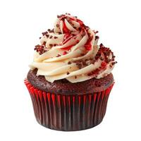 Chocolate cupcake with white cream and sprinkles, isolated on white background photo