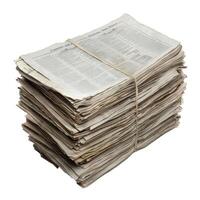 Stack of old newspapers tied with string lying on white background photo
