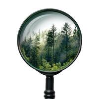 Magnifying glass showing evergreen forest representing environmental conservation photo