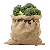 Burlap sack overflowing with freshly harvested broccoli heads photo