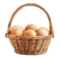 Wicker basket overflowing with farm fresh brown eggs photo