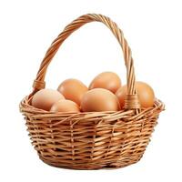 Wicker basket overflowing with fresh brown eggs on white background photo