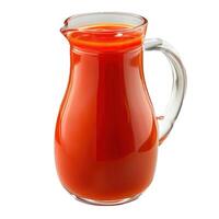 Glass pitcher full of tomato juice on white background photo