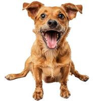 Happy dog is sitting and panting with tongue out photo