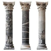 Three different marble columns with capitals are showing various states of damage and weathering photo
