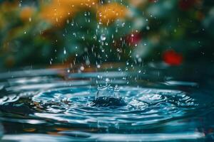 Water droplet splashing in a puddle creating ripples photo