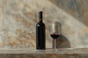 Bottle and glass of red wine standing on sunlit surface photo