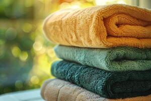 Freshly washed towels drying folded in a stack photo