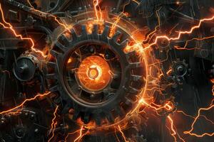 Rusty gears turning with electrical current flowing through photo
