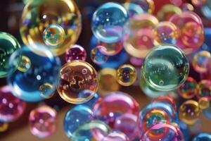 Many colorful soap bubbles are floating creating a blurred background photo