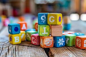 Colorful alphabet blocks forming word go on rustic wooden surface photo