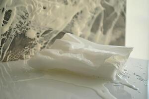 Absorbent paper towels soaking up cleaning foam on messy countertop photo