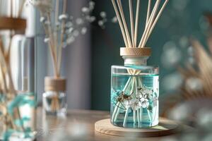 Aromatic reed diffuser with essential oils creating relaxing atmosphere at home photo