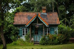 Small rustic cottage surrounded by lush green forest photo