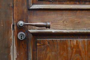 Old round door handle and keyhole on a wooden door photo