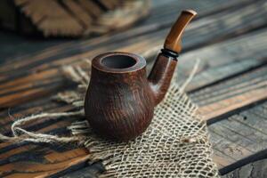 Elegant smoking pipe resting on rustic wooden table photo