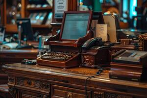 Old fashioned wooden cash register with typewriter and computer showing progress photo