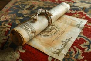 Old scroll tied with string lying on antique rug with certificate photo