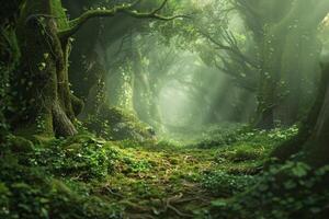 Sunbeams are illuminating a path in a magical forest photo