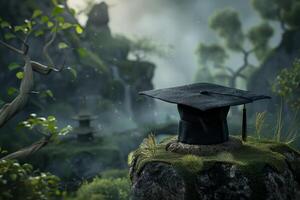 Graduation cap resting on rock in mystical japanese garden setting symbolizing educational achievement photo