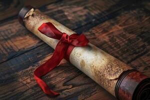 Ancient scroll tied with red ribbon lying on wooden table photo