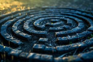 Circular stone labyrinth representing concept of journey and meditation photo