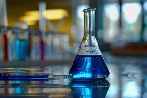 Erlenmeyer flask containing blue liquid in a science laboratory setting photo