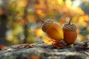 Two acorns resting on a rock with autumn leaves in the background photo