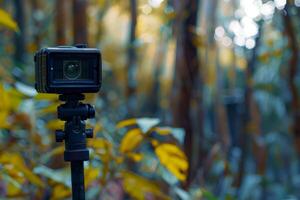 Action camera mounted on tripod filming in autumn forest photo