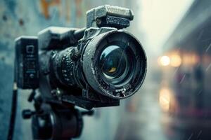 Professional camcorder getting wet while filming on location in the rain photo