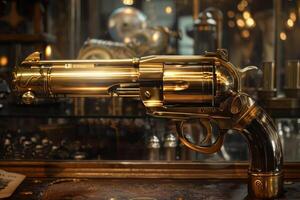 Golden revolver resting on a table in a workshop photo