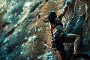 Young female climber scaling steep rock face using chalk bag photo