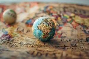 Miniature globe sitting on top of a world map photo