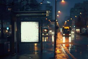 Empty billboard glowing on rainy city street at dusk photo