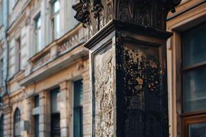 Old weathered black stone column standing in front of building photo