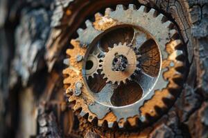 Rusty gears interlocking on a weathered wooden background photo
