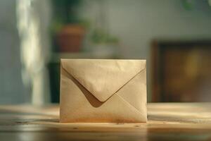 Single brown paper envelope standing on wooden table with blurred background photo