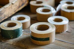 Rolls of brown and green packing tape resting on workshop table photo