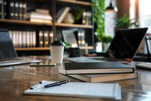 Notebook and pen lying on table in office with laptops and bookshelf in background photo