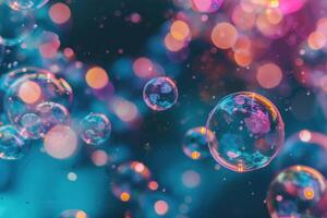Colorful soap bubbles floating creating abstract background with bokeh photo