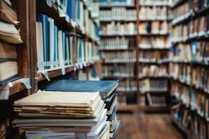 Stack of old books resting on shelf in the library photo