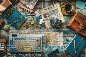 Writer creating detective novel using old objects and drinking coffee photo