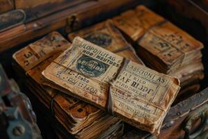 Old stacked papers with foreign writing tied with string photo