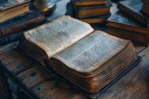 Old antique book open on a wooden table is displaying historical text photo