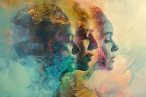 Three women merging with colorful smoke representing feelings and emotions photo