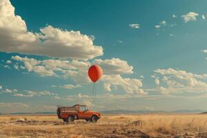 Red balloon lifting orange pickup truck in the prairie photo