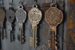 Antique keys hanging on a rustic metal surface are representing security and history photo