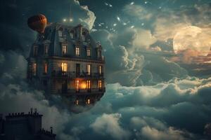 Parisian building floating in the clouds with hot air balloon photo
