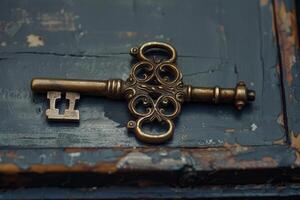 Old ornate key lying on rustic wooden surface photo